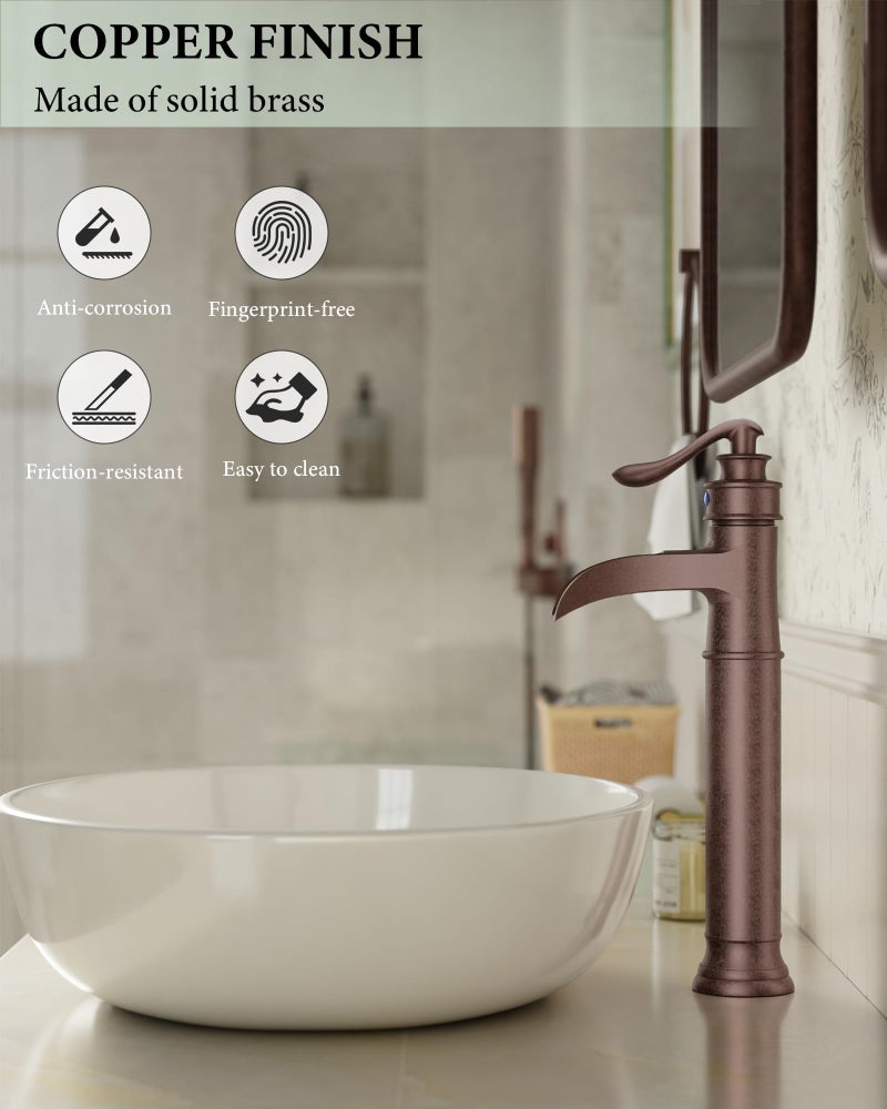 Homevacious Vessel Sink Faucet Copper Tall Bathroom Faucets Waterfall Single Handle 1 Hole Farmhouse Antique with Pop up Drain Assembly and Supply Lines Mixer Tap Without Overflow Counter Top - Image 4